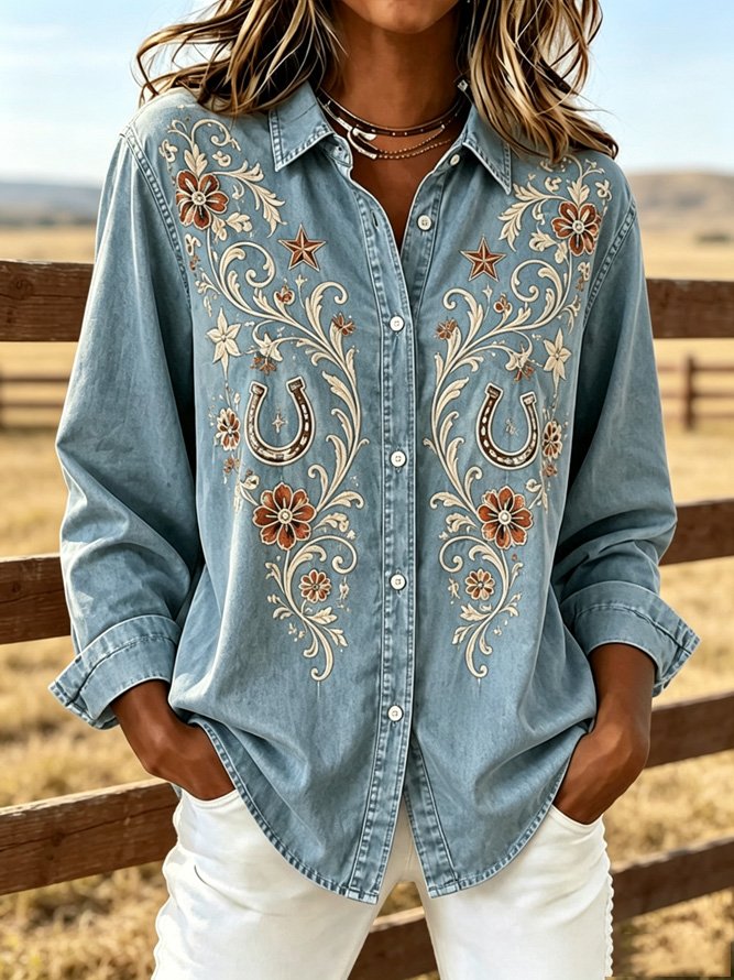 Vintage Floral Embroidered Denim Shirt