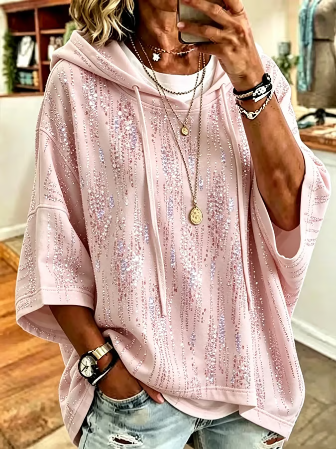 Pink Abstract Print Half Sleeve Loose Hoodie