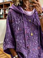 Purple Floral Print Half Sleeve Loose Hoodie