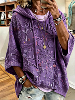 Purple Floral Print Half Sleeve Loose Hoodie