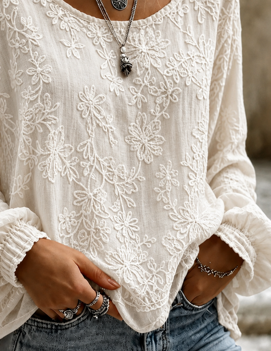 Solid Crew Neck Long Sleeve Floral Printing Lightweight Micro-Elasticity Loose Blouse For Women