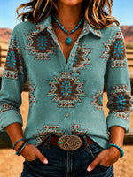 Women Plain Vintage Shirt Shirt Collar Long Sleeve Printing Top