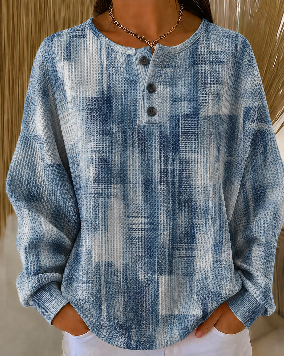 Casual Geometric Henley Collar Sweatshirt