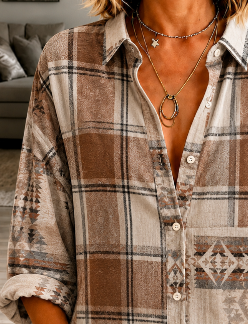 Women Plaid Vintage Shirt Shirt Collar Long Sleeve Printing Top