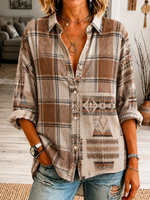 Women Plaid Vintage Shirt Shirt Collar Long Sleeve Printing Top
