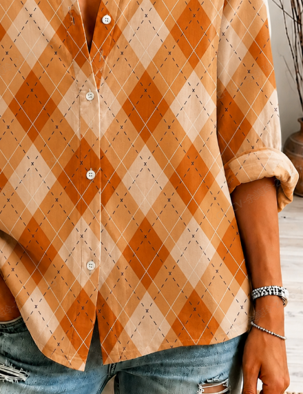 Women Plaid Vintage Shirt Shirt Collar Long Sleeve Printing Top