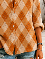Women Plaid Vintage Shirt Shirt Collar Long Sleeve Printing Top