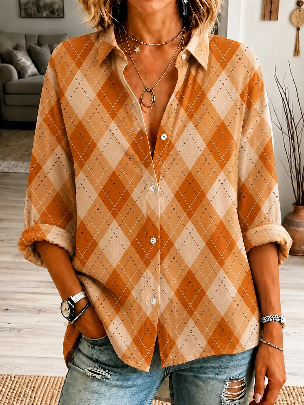 Women Plaid Vintage Shirt Shirt Collar Long Sleeve Printing Top