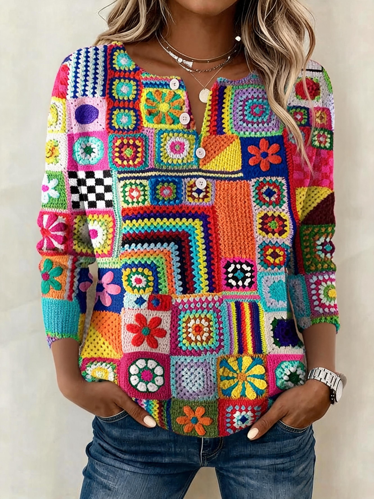 Vintage Abstract Graphic Henley Collar Long Sleeve T-shirt