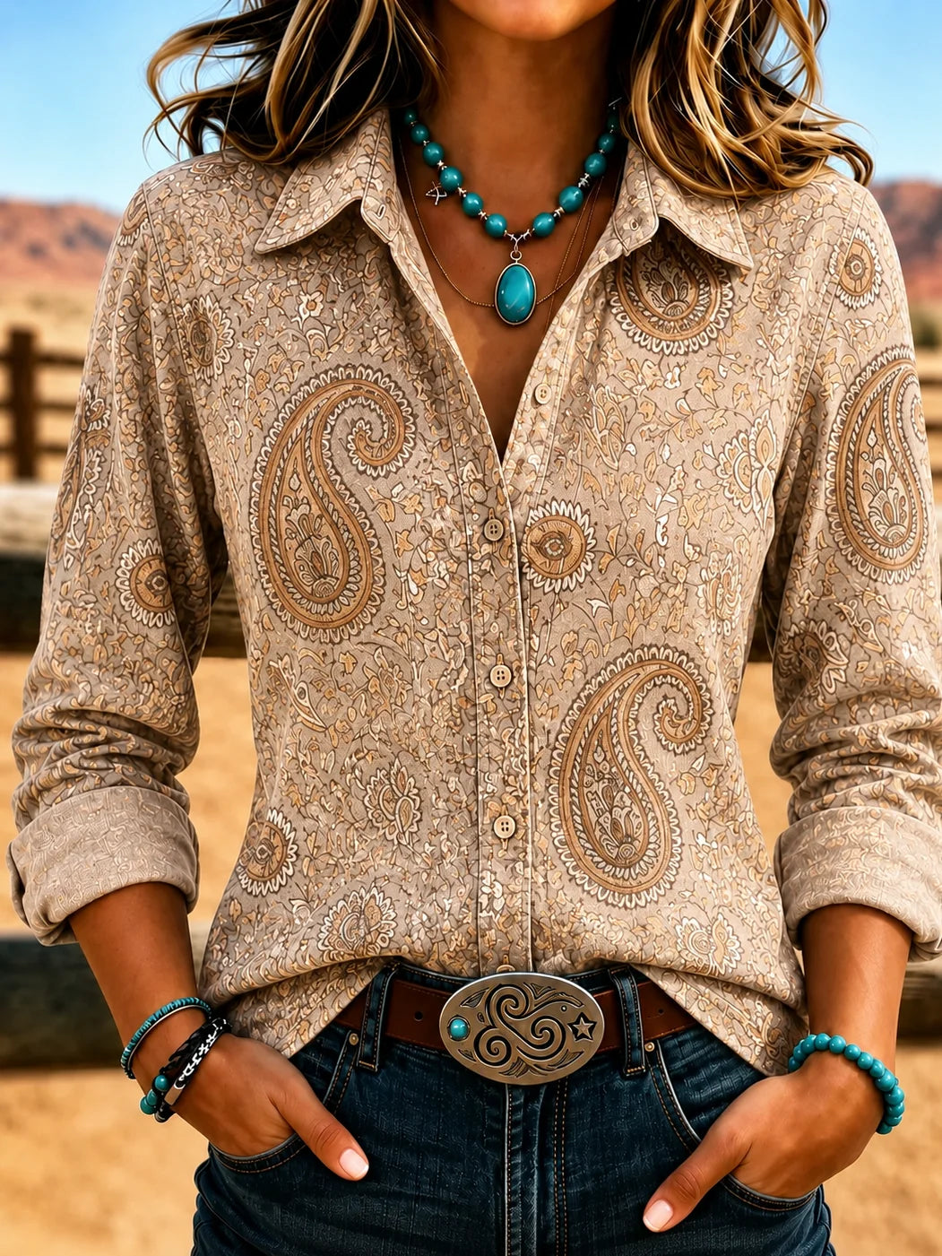 Women Paisley Vintage Shirt Shirt Collar Long Sleeve Printing Top