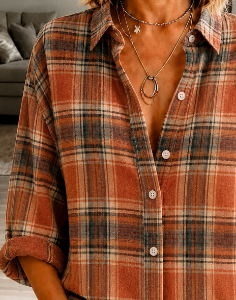 Women Plaid Vintage Shirt Shirt Collar Long Sleeve Printing Top