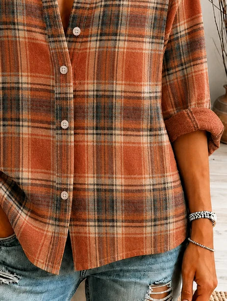 Women Plaid Vintage Shirt Shirt Collar Long Sleeve Printing Top