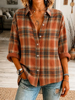 Women Plaid Vintage Shirt Shirt Collar Long Sleeve Printing Top