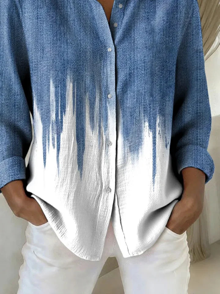 Women Abstract Casual Shirt Shirt Collar Long Sleeve Buckle Top