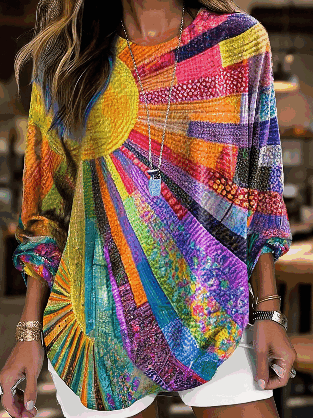 Casual Vintage Abstract Crew Neck Long Sleeve T-shirt