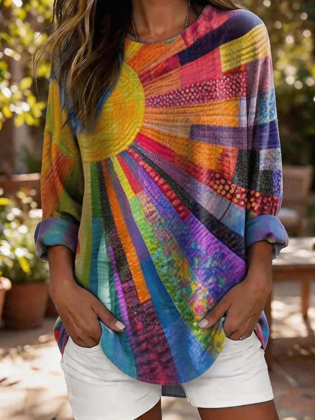 Casual Vintage Abstract Crew Neck Long Sleeve T-shirt