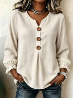 Women Plain Casual Blouse V Neck Long Sleeve Top