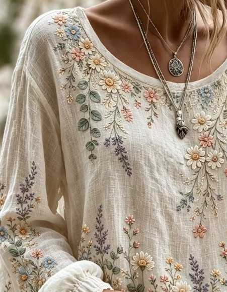 Elegant Women Floral Casual Blouse Crew Neck Long Sleeve Printing Top