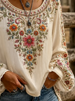 Elegant Women Floral Casual Blouse Crew Neck Long Sleeve Printing Top
