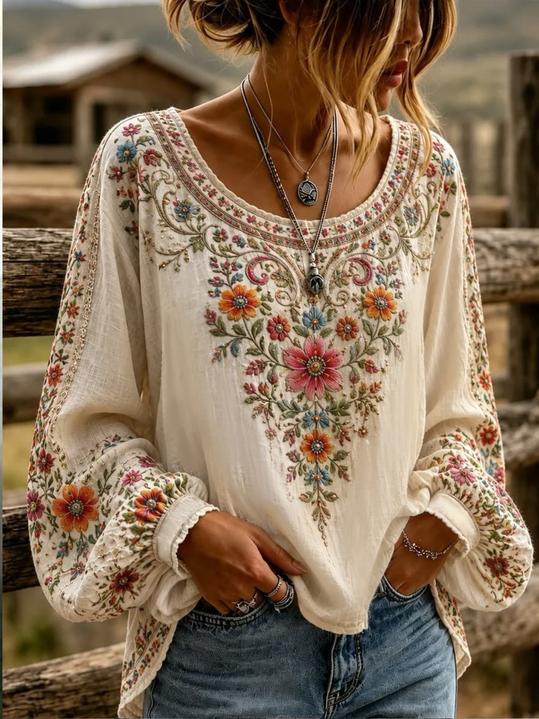 Elegant Women Floral Casual Blouse Crew Neck Long Sleeve Printing Top