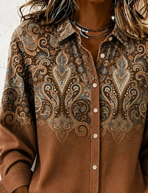 Casual Women Nationality/ethnic Vintage Shirt Shirt Collar Long Sleeve Printing Top