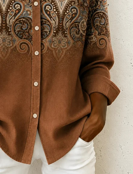 Casual Women Nationality/ethnic Vintage Shirt Shirt Collar Long Sleeve Printing Top