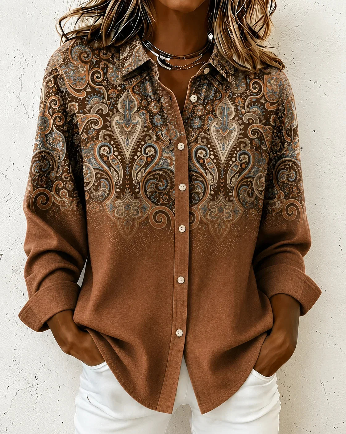 Casual Women Nationality/ethnic Vintage Shirt Shirt Collar Long Sleeve Printing Top