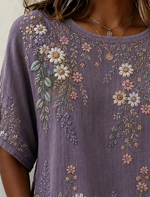 Elegant Women Floral Vintage Blouse Crew Neck Half Sleeve Printing Top