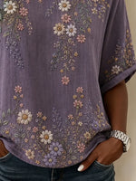 Elegant Women Floral Vintage Blouse Crew Neck Half Sleeve Printing Top