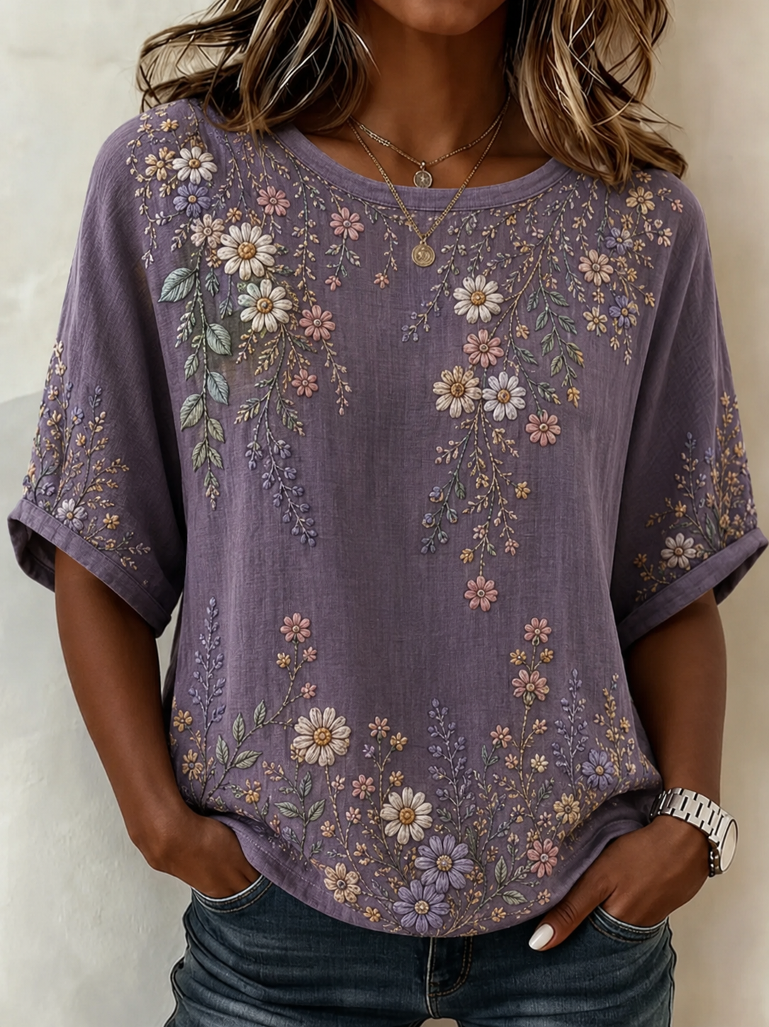 Elegant Women Floral Vintage Blouse Crew Neck Half Sleeve Printing Top