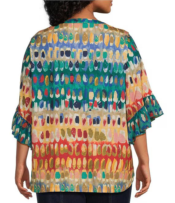 Knit Multi Print Banded Y-Neck Elbow Flounce Sleeve Top