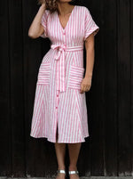 Women's Casual Retro Striped V Neck Loose Casual Dress
