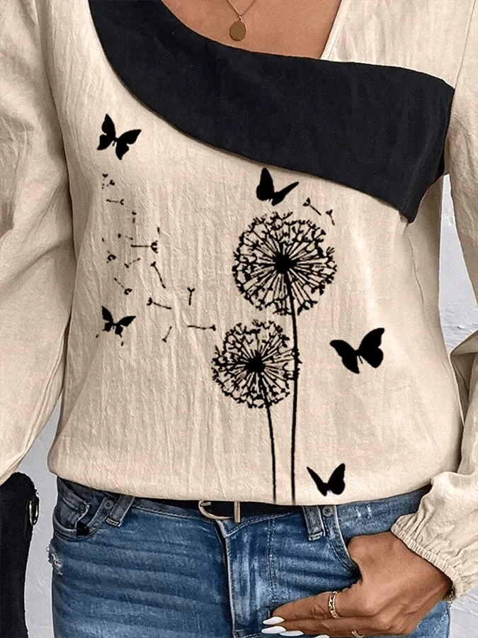 Women's Casual Cotton Linen Loose Lapel Irregular Dandelion Shirt