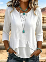 Casual Plain Crew Neck Three Quarter Sleeve T-shirt