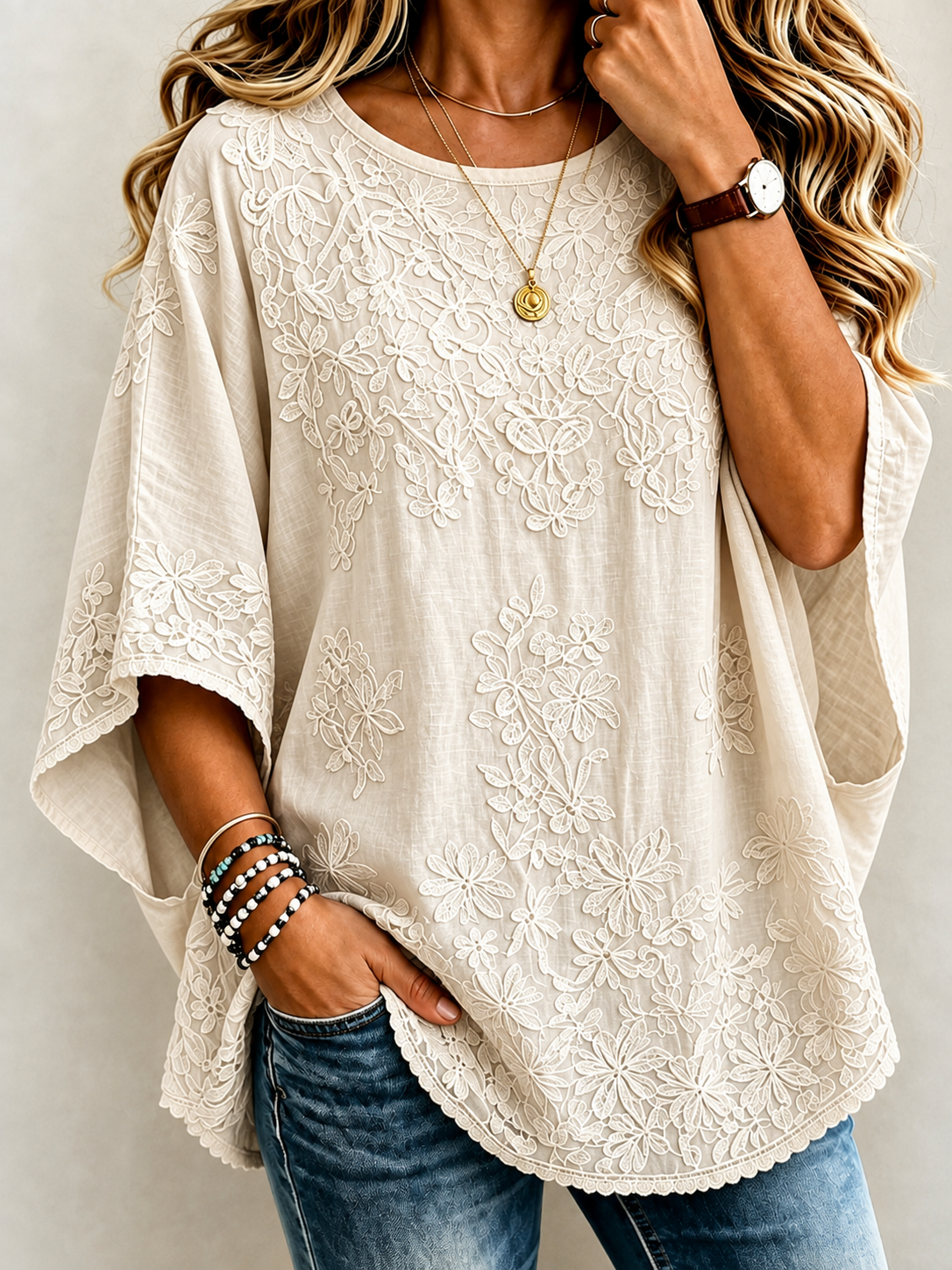 Women Floral Pattern Vintage Blouse Crew Neck Half Sleeve Printing Top