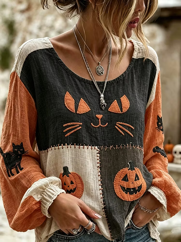 Women Cat Casual Blouse Crew Neck Long Sleeve Printing Top