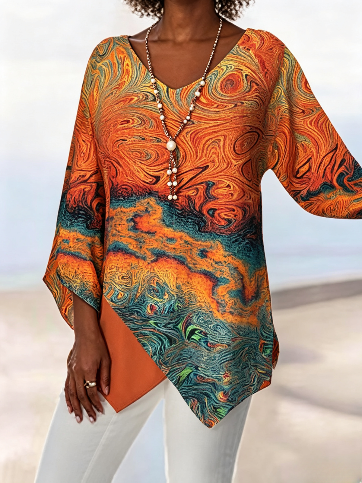 Women Abstract Vintage Blouse V Neck Long Sleeve Top