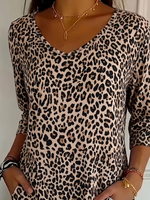Casual Leopard V Neck Three Quarter Sleeve T-shirt