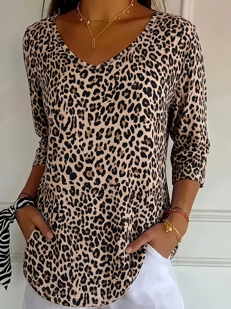 Casual Leopard V Neck Three Quarter Sleeve T-shirt
