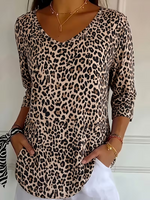 Casual Leopard V Neck Three Quarter Sleeve T-shirt
