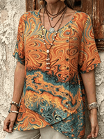 Women Abstract Vintage Blouse V Neck Short Sleeve Top
