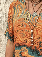 Women Abstract Vintage Blouse V Neck Short Sleeve Top