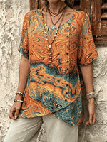 Women Abstract Vintage Blouse V Neck Short Sleeve Top