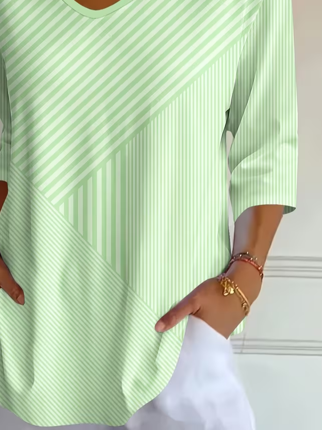Casual Striped V Neck Three Quarter Sleeve T-shirt
