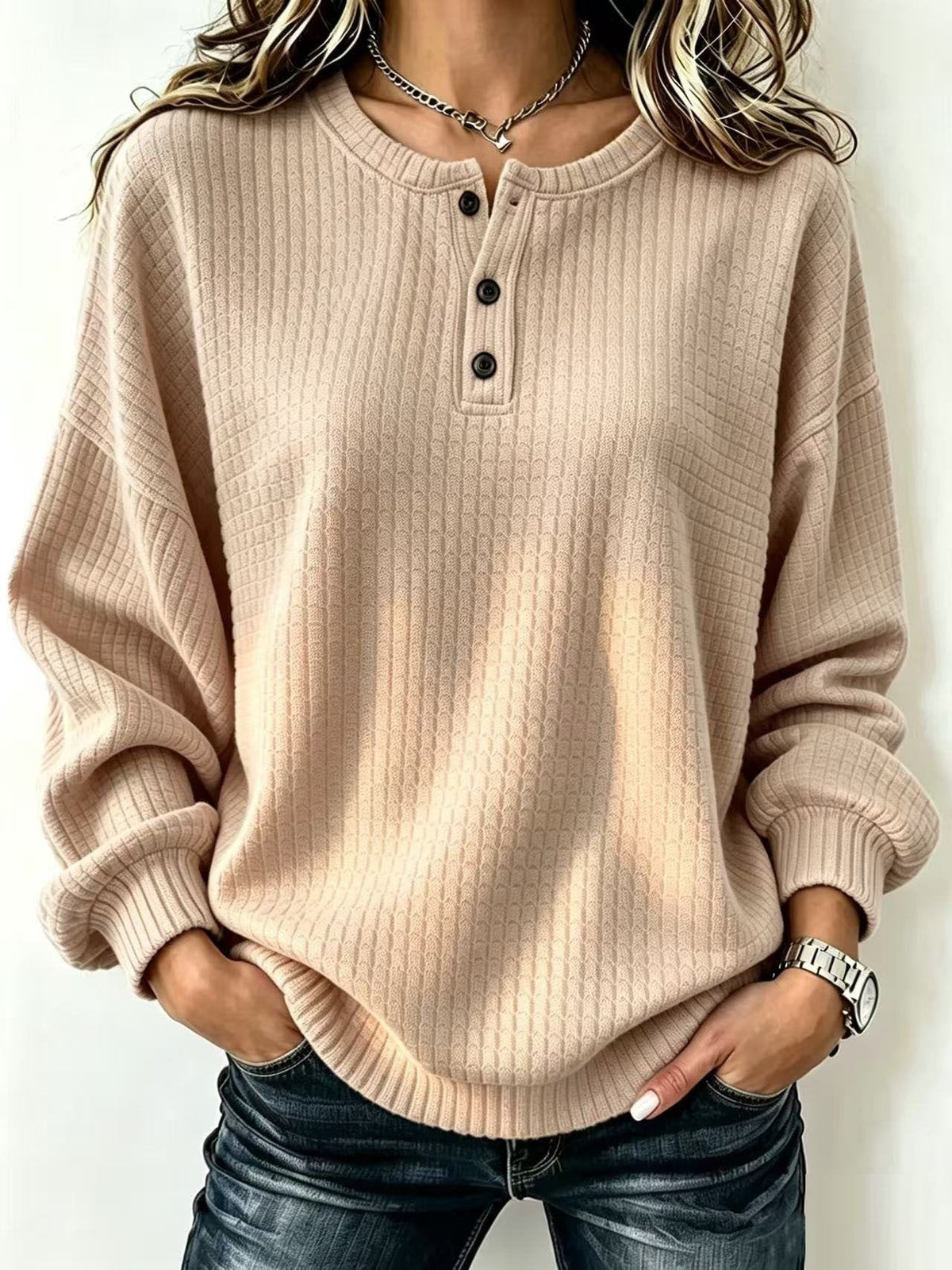 Casual Plain Half Open Collar Long Sleeve Sweatshirt