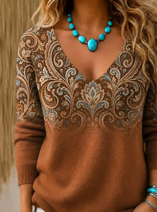 Women Floral Long Sleeve Comfy Vintage Sweater
