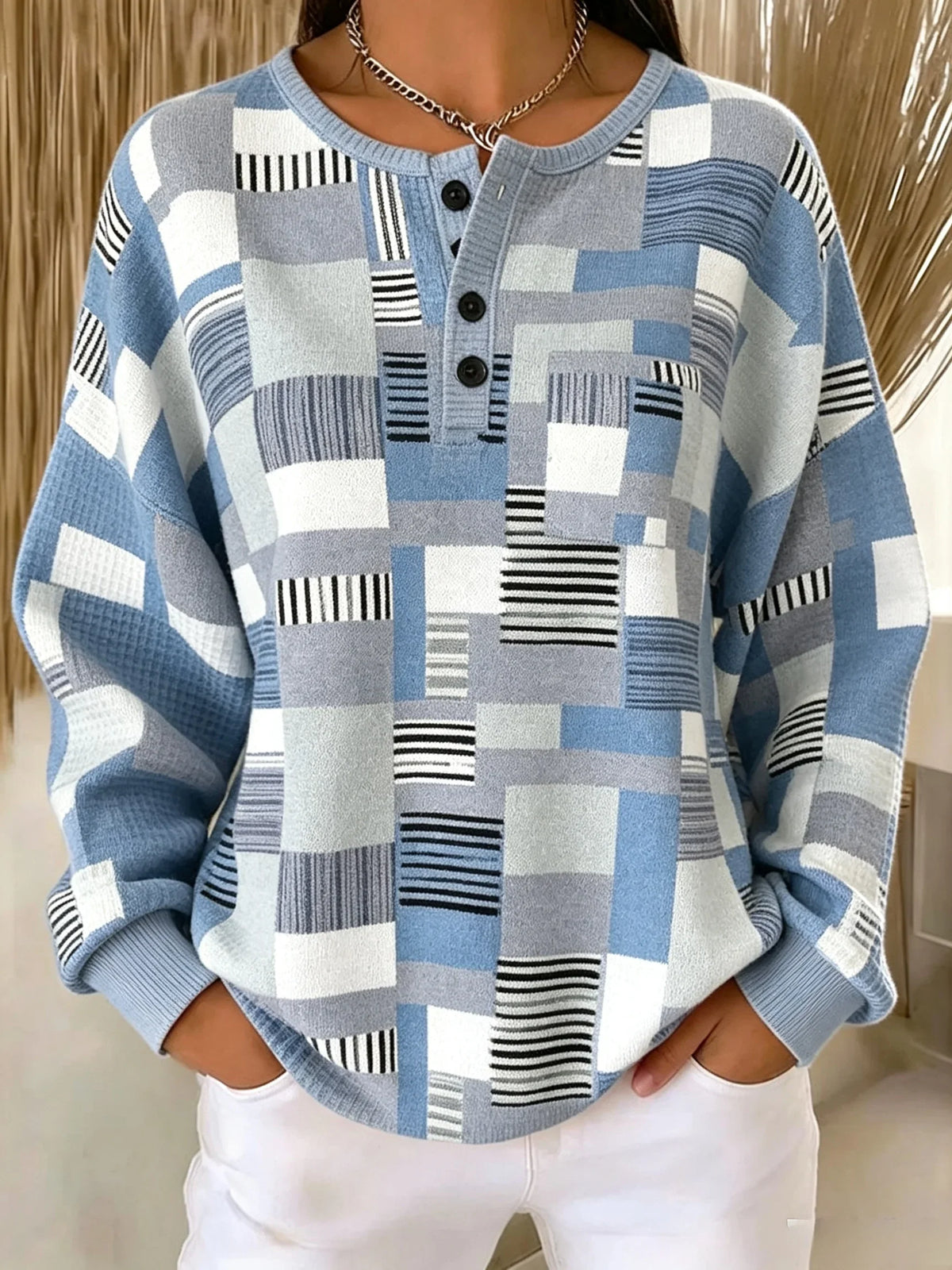 Casual Simple Geometric Henley Collar Long Sleeve Sweatshirt