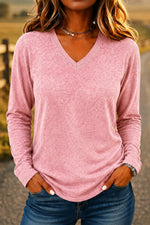 Casual Simple Plain V Neck Long Sleeve T-shirt