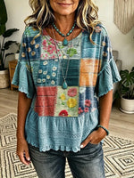 Women's Retro Colorful Patchwork Art Print Casual Crew-Neck Short-Sleeve Shirt