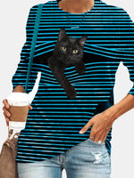 Stripe & Cat Print Long Sleeve Round Neck Slight Stretch T-shirt
